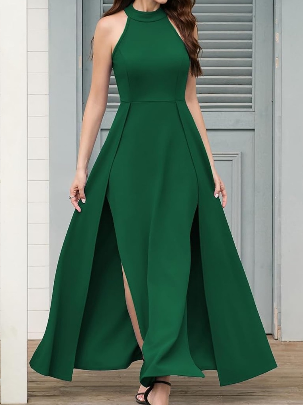 High-Neck High-Low Evening Dress in Emerald Green